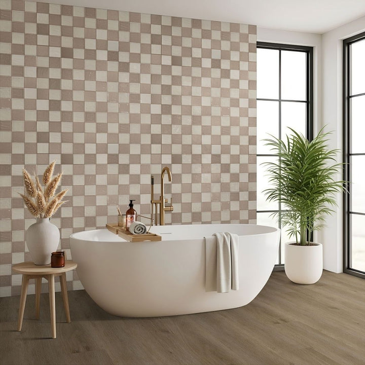 Terranello Dune 4" x 4" Glossy Bathroom Backsplash Tile with a bathtub, stool, plant and soap.