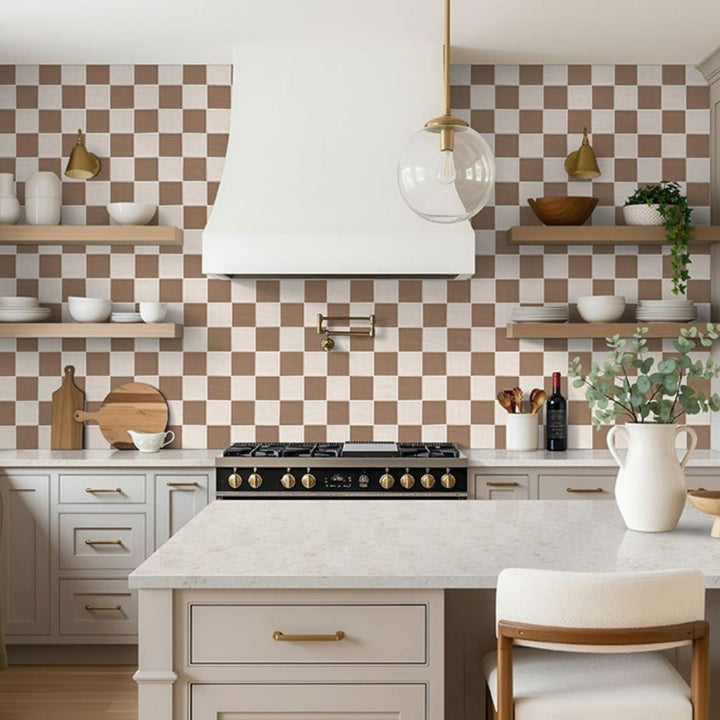 Terranello Ivory 4" x 4" Glossy Kitchen Backsplash Tile with utensils, chairs, lamp and stove.