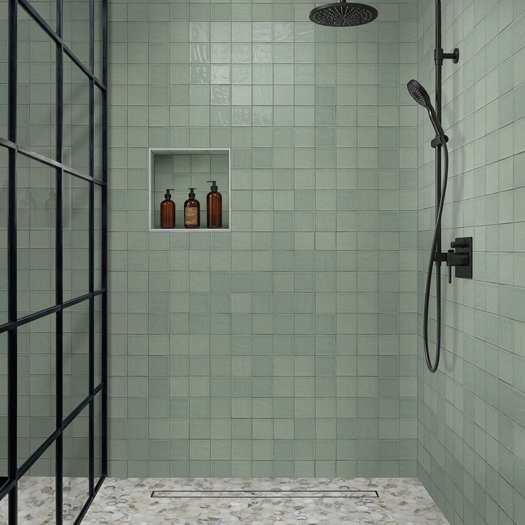 Terranello Olive 4" x 4" Glossy Kitchen & Bathroom Tile with a shower and soaps