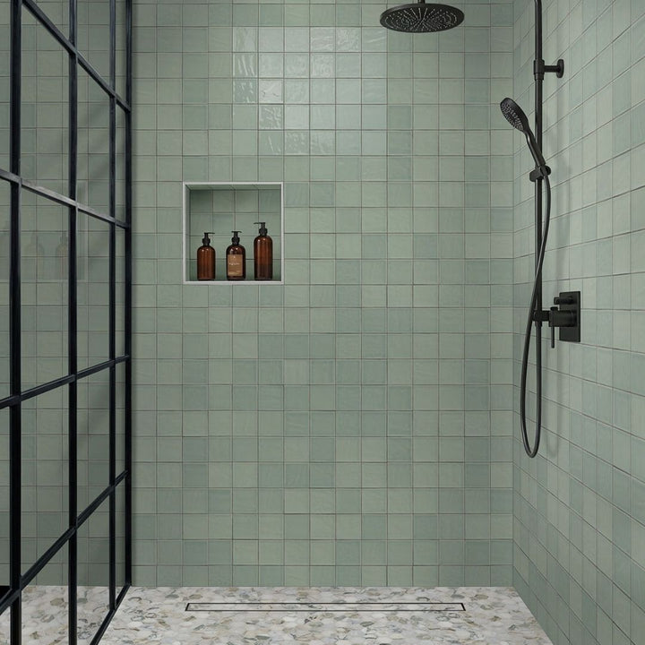 Terranello Olive 4" x 4" Glossy Kitchen & Bathroom Tile with a shower and soaps
