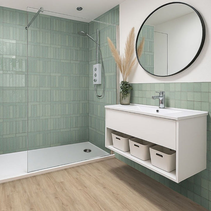 Terranello Olive 4" x 4" Glossy Kitchen & Bathroom Tile with a sink, shower, plant and mirror