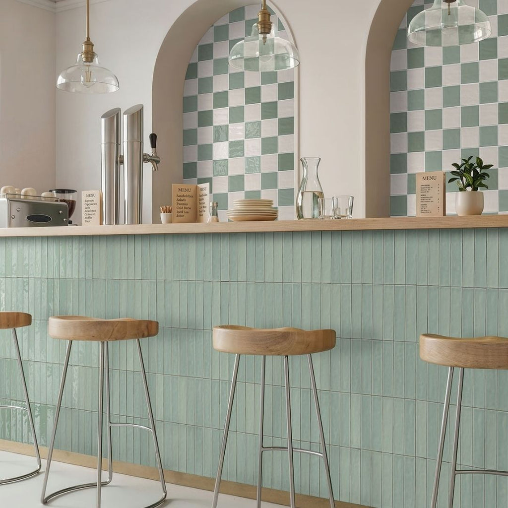 Terranello Olive 4" x 4" Glossy Kitchen & Bathroom Tile with  lamps, barstools, menu, plates and small plant