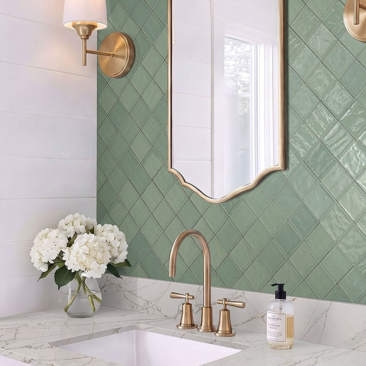 Terranello Olive 4" x 4" Glossy Kitchen & Bathroom Tile with a sink, soap lamp and flowers