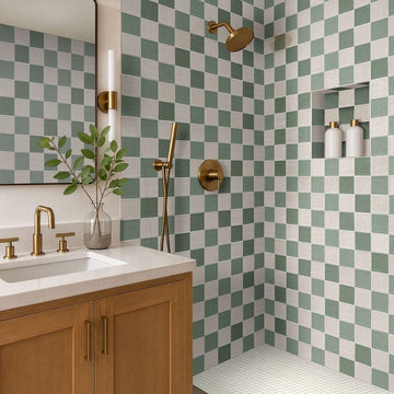 Terranello Olive 4" x 4" Glossy Kitchen & Bathroom Tile with a shower, sink, plant and soaps