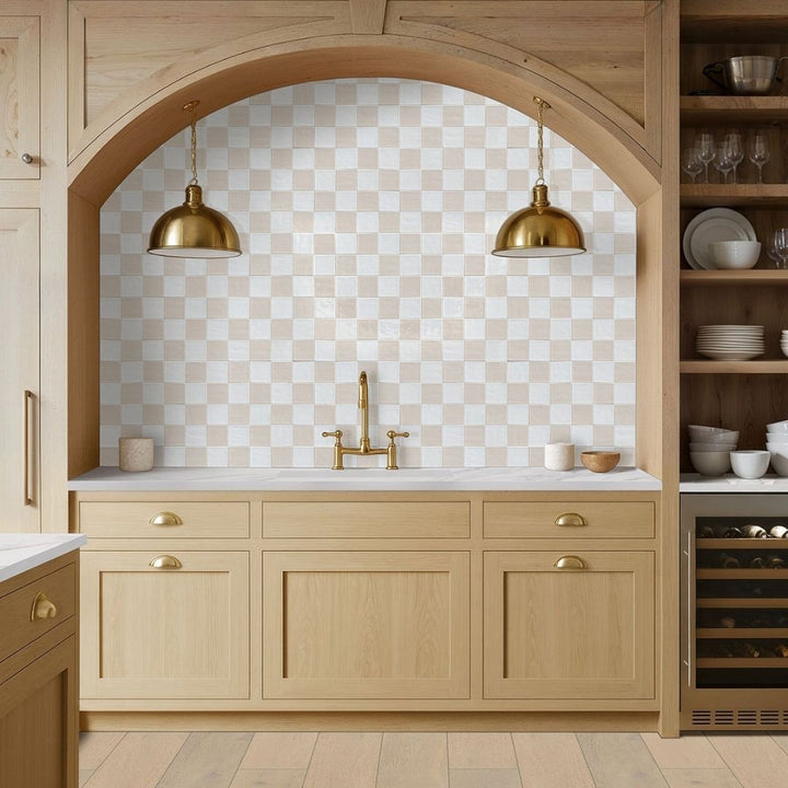 Terranello Pearl 4" x 4" Glossy Kitchen & Bathroom Tile with sink, lamps, glassware and plates