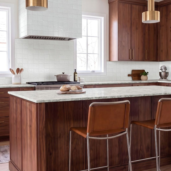 Terranello Pearl 4" x 4" Glossy Kitchen & Bathroom Tile with stove, chairs, lamps, and bread on the counter
