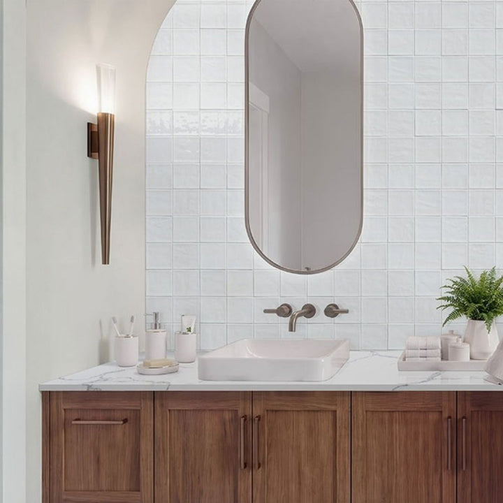 Terranello Pearl 4" x 4" Glossy Kitchen & Bathroom Tile with sink, mirror, lamp, and small plant