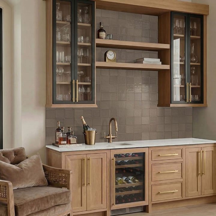 Terranello Umber 4" x 4" Glossy Kitchen & Bathroom Tile with sink, chair and glassware