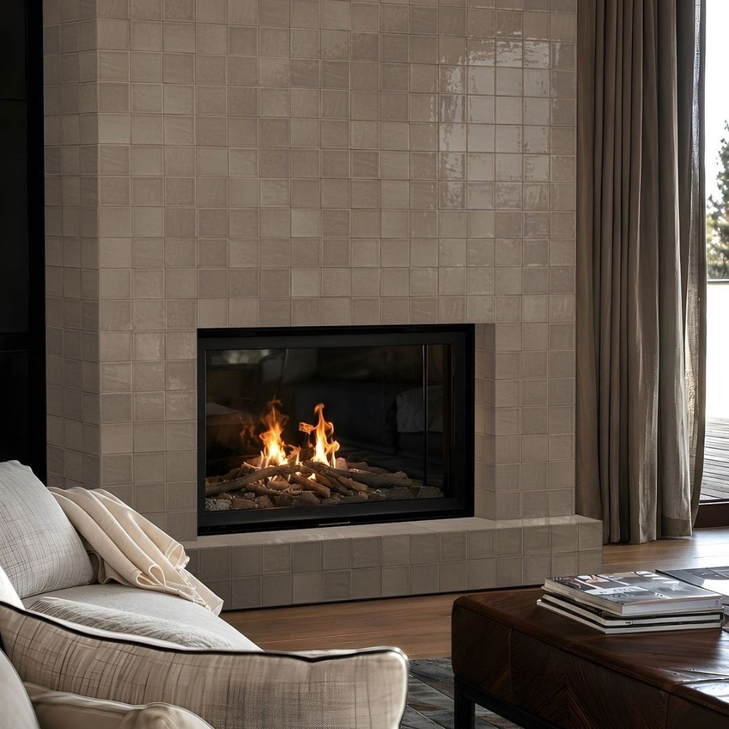 Terranello Umber 4" x 4" Glossy Kitchen & Bathroom Tile with a fireplace, couch and table