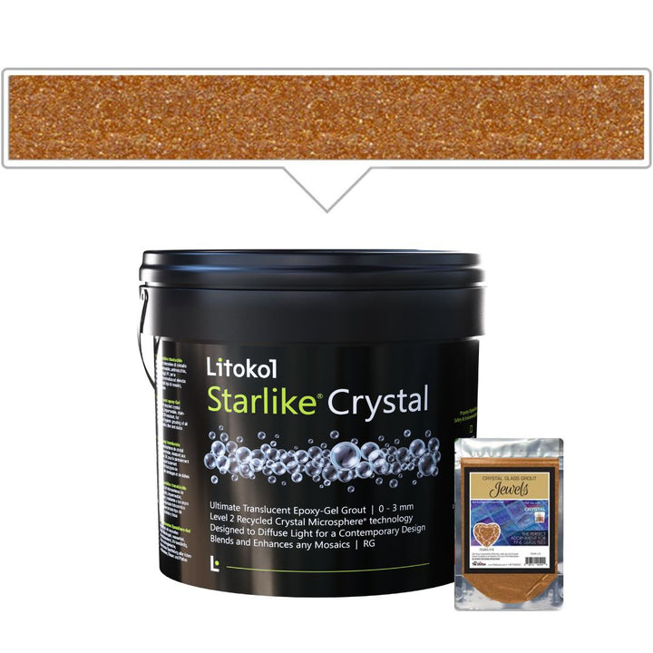 Litokol Starlike Crystal epoxy product with a sample of glittery brown material.