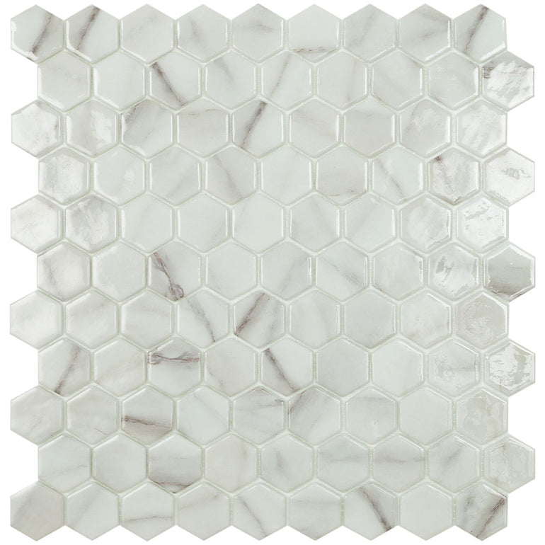 Calacatta Brillo Slip Resistant, Hexagon Glass Tile | Vidrepur 