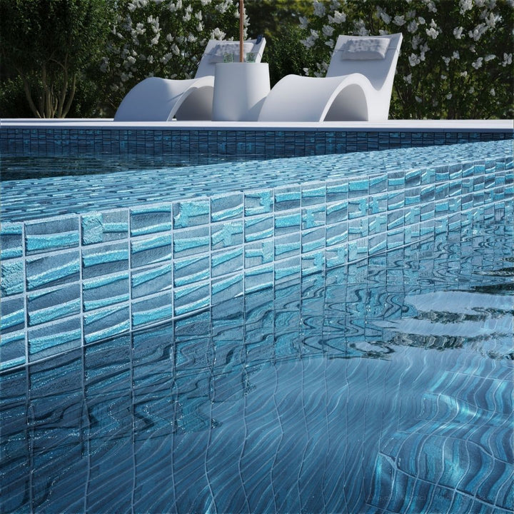 blue mosaic glass tile on pool waterline