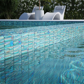 green mosaic glass tile on pool waterline
