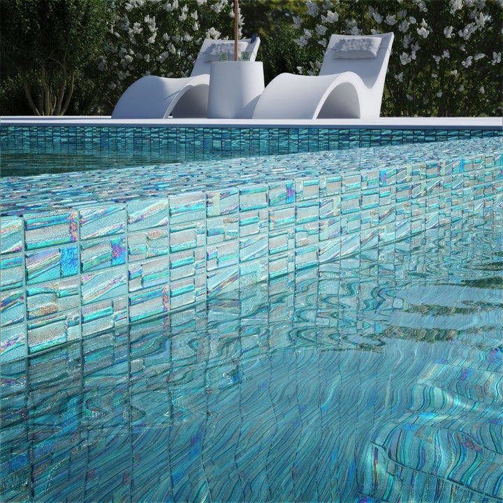 green mosaic glass tile on pool waterline
