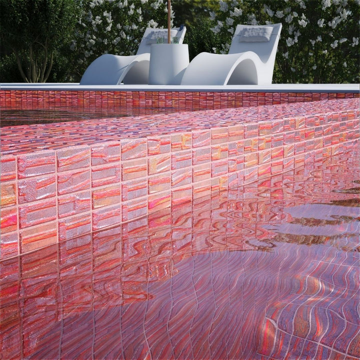 red mosaic glass tile on pool waterline