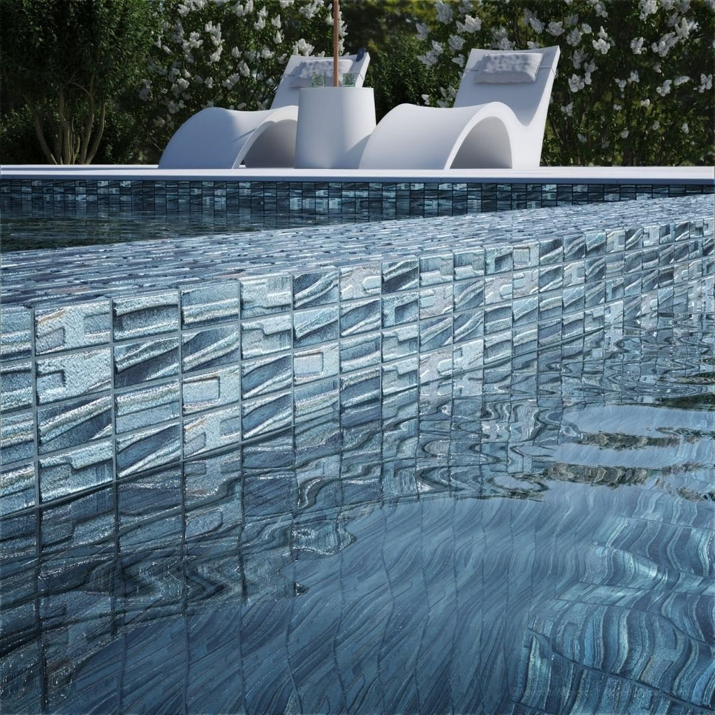 blue mosaic glass tile on pool waterline