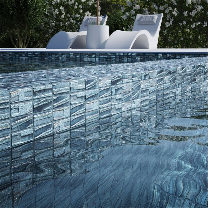 blue mosaic glass tile on pool waterline