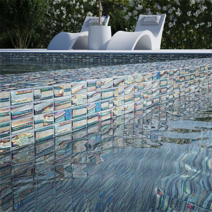 grey mosaic glass tile on pool waterline