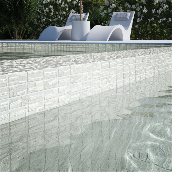 white mosaic glass tile on pool waterline