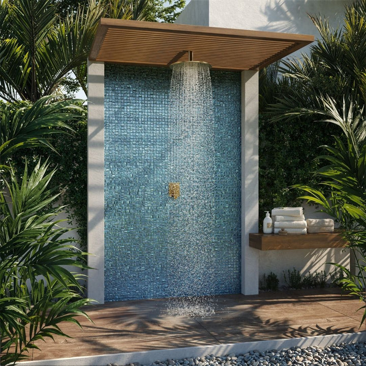 blue mosaic glass tile on outdoor shower