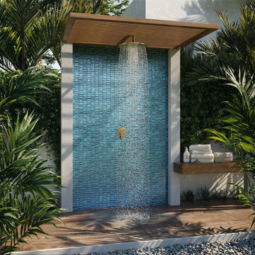 blue mosaic glass tile on outdoor shower