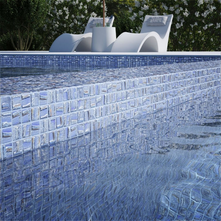 blue mosaic glass tile on pool waterline
