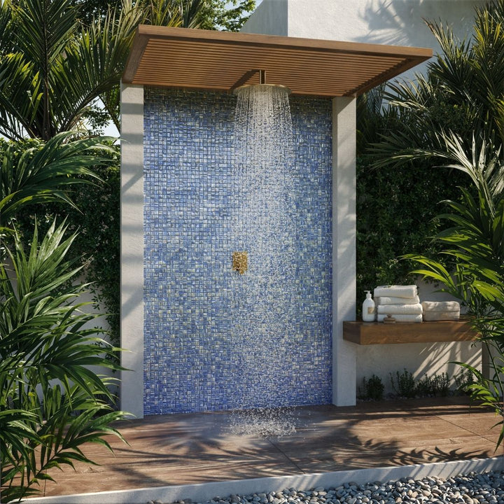 blue mosaic glass tile on outdoor shower