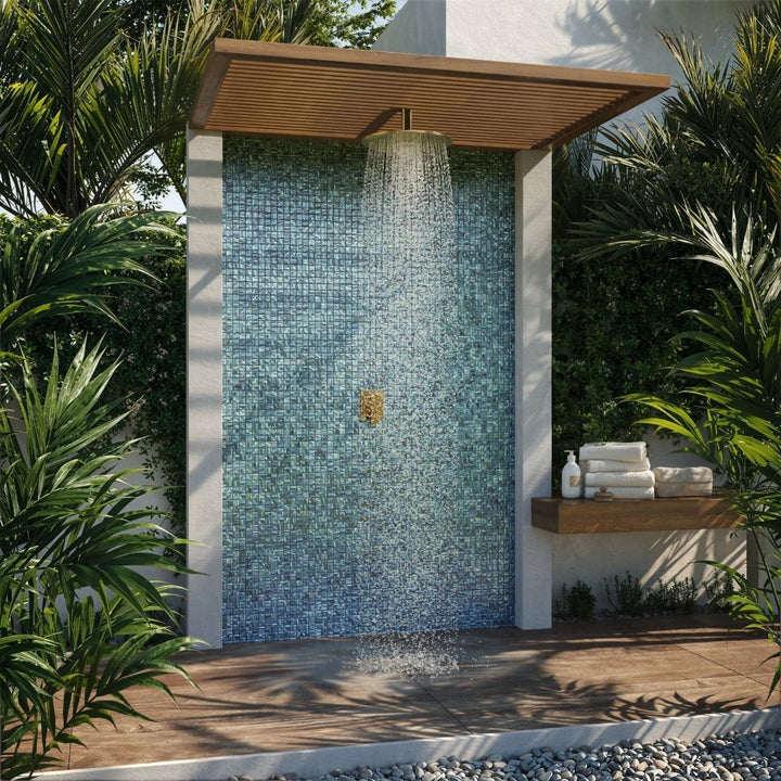 silver mosaic glass tile on outdoor shower
