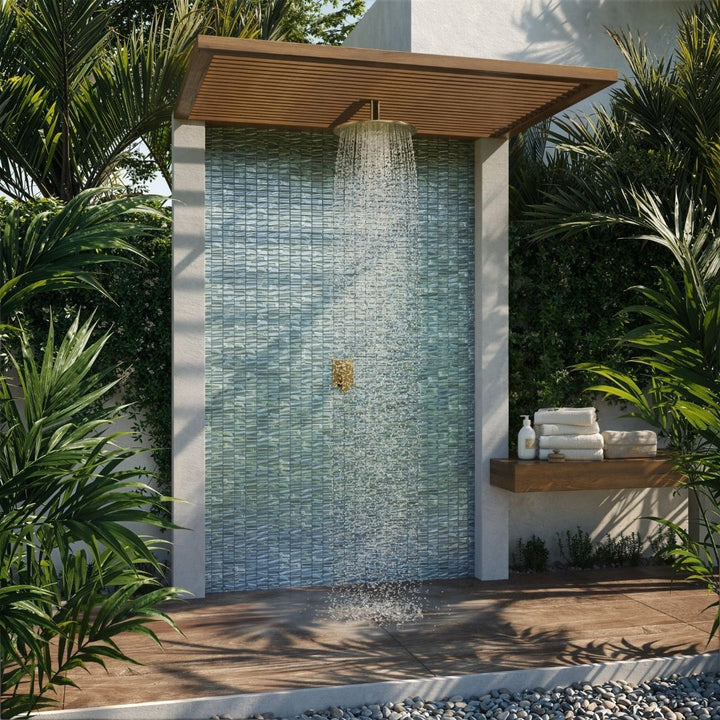 silver mosaic glass tile on outdoor shower