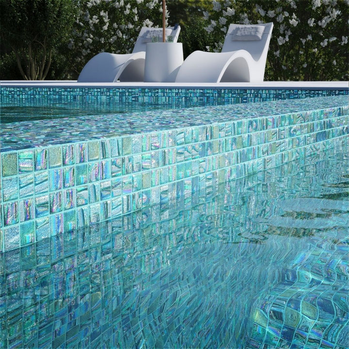 green mosaic glass tile on pool waterline