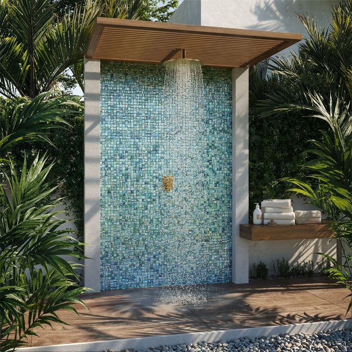 green mosaic glass tile on outdoor shower