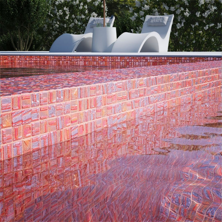 red mosaic glass tile on pool waterline