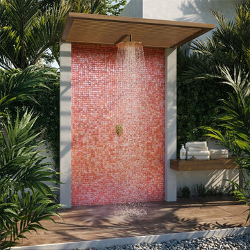 red mosaic glass tile on outdoor shower