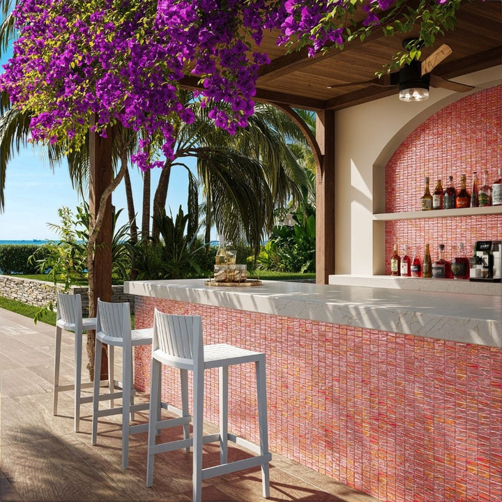 red mosaic glass tile in outdoor and kitchen and bar area with barstools