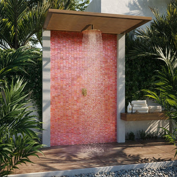 red mosaic glass tile on outdoor shower