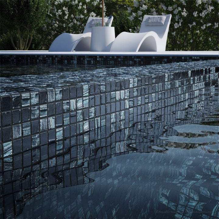 black mosaic glass tile on pool waterline
