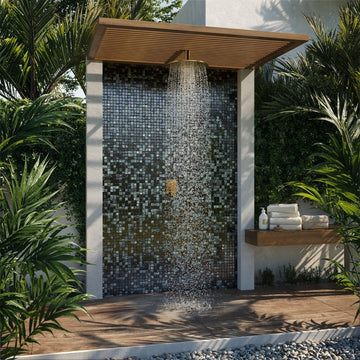 black mosaic glass tile on outdoor shower