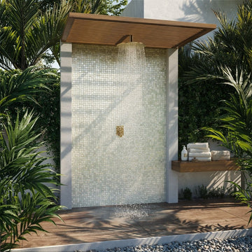 white mosaic glass tile on outdoor shower