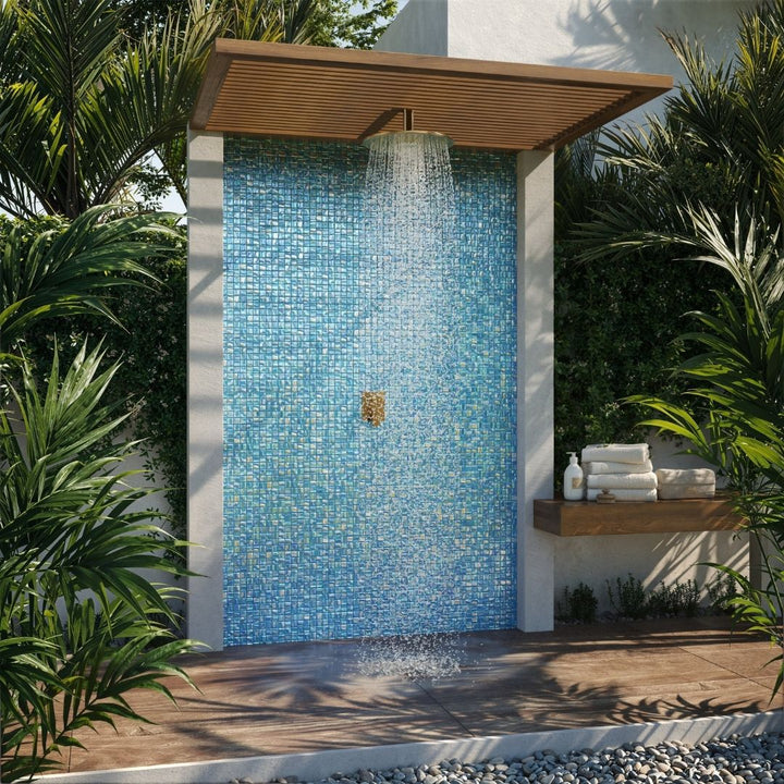blue mosaic glass tile on outdoor shower