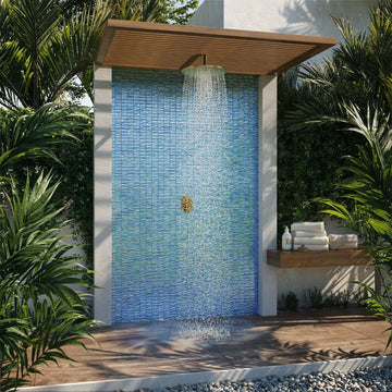 blue mosaic glass tile on outdoor shower