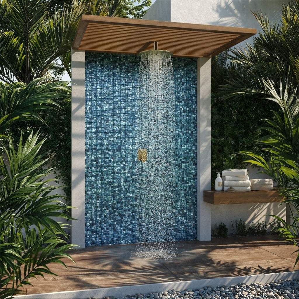 blue mosaic glass tile on outdoor shower