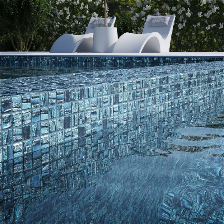 blue mosaic glass tile on pool waterline