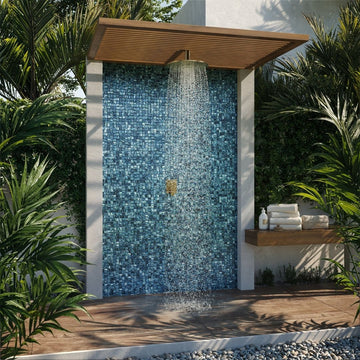 blue mosaic glass tile on outdoor shower