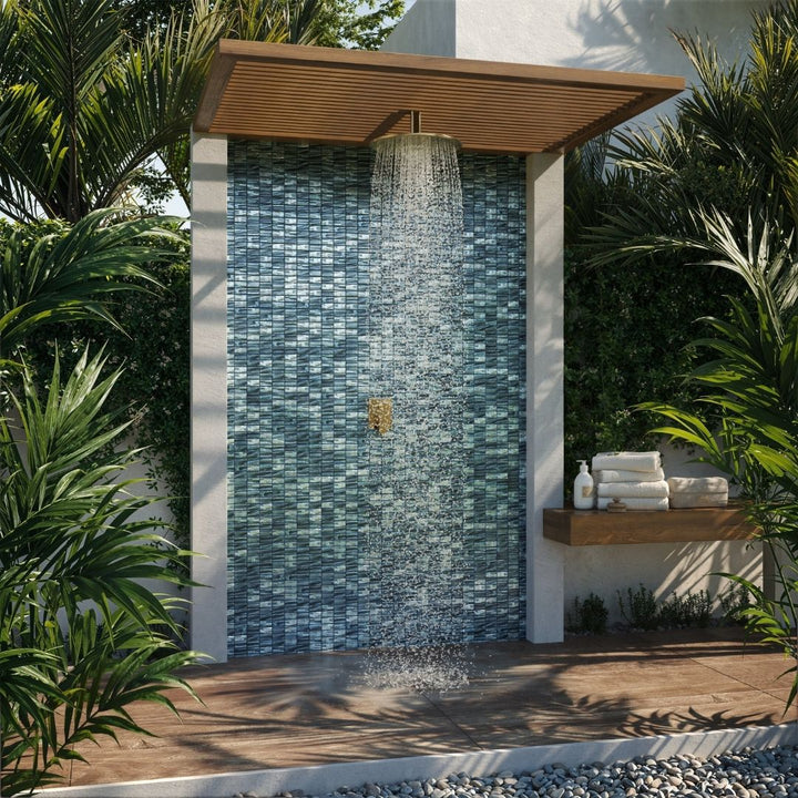 blue mosaic glass tile on outdoor shower