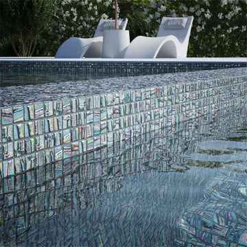 grey mosaic glass tile on pool waterline