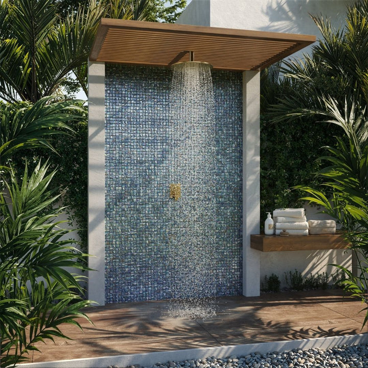 grey mosaic glass tile on outdoor shower