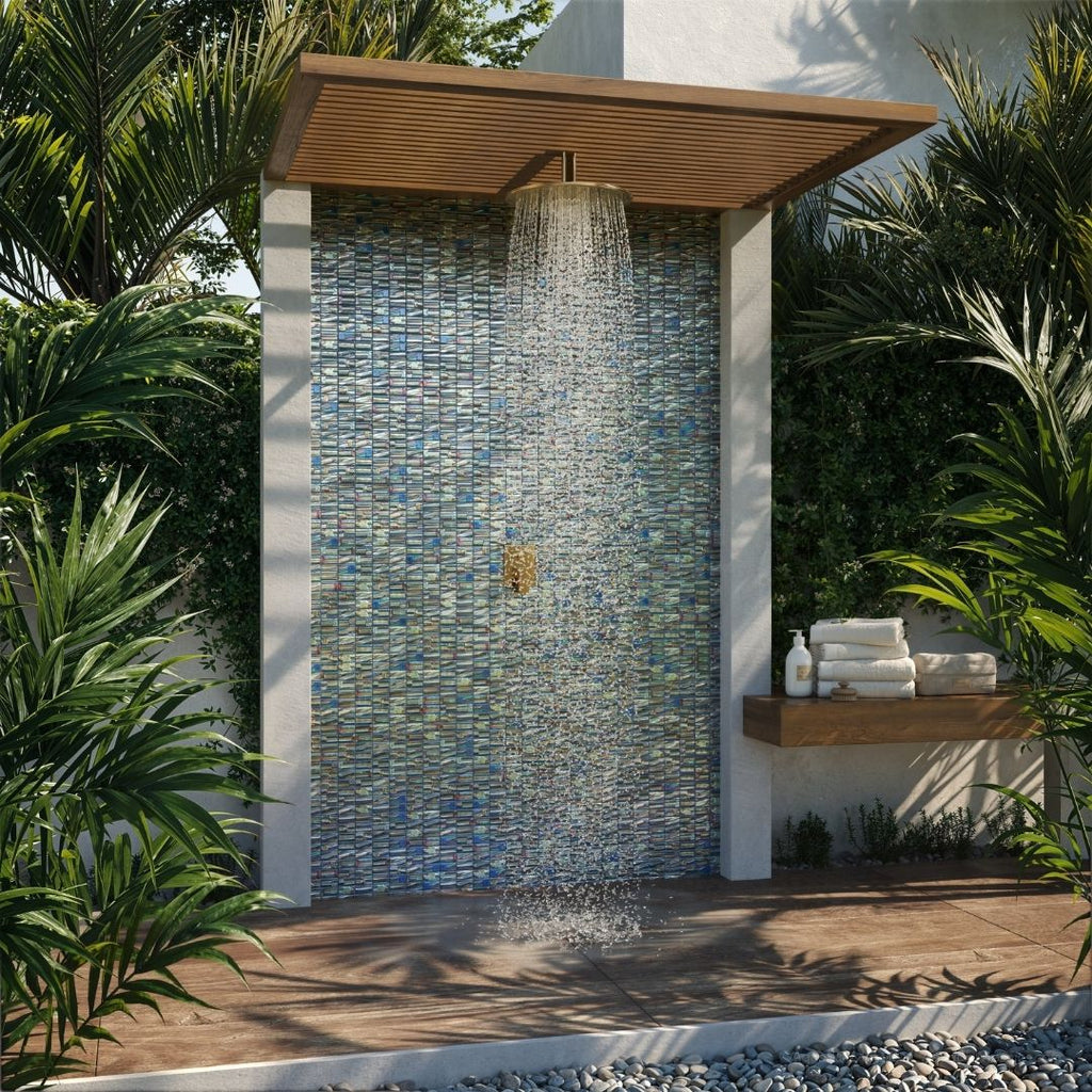 grey mosaic glass tile on outdoor shower