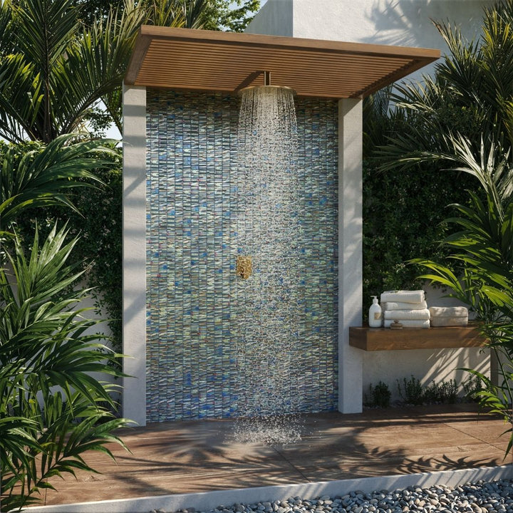 grey mosaic glass tile on outdoor shower