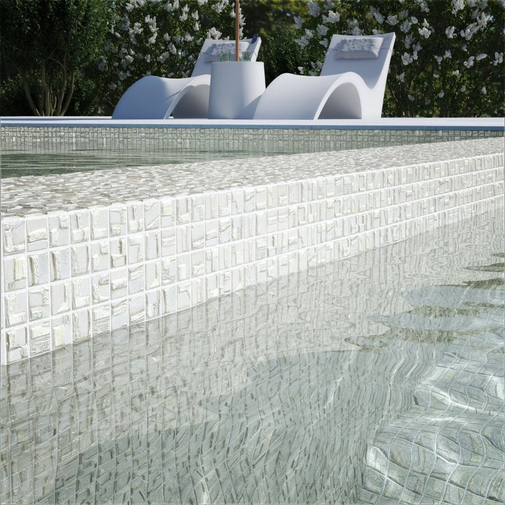 white mosaic glass tile on pool waterline