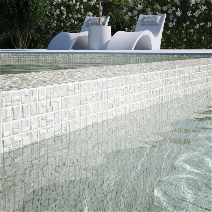white mosaic glass tile on pool waterline